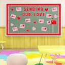 Whaline Valentine's Day Bulletin Board Decoration Love Letter Mailbox Red Pink Heart Envelope Cutouts Plaid Border Trim Valentine Heart Decorative Cutouts for School Classroom Party Decor