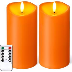 Outdoor Flameless Candles with Remote Timer - Waterproof Realistic Flickering LED Pillar Electric Battery Operated Fake Candle for Halloween Holiday Home Fireplace Decor - Orange 2 Pack (6"6")