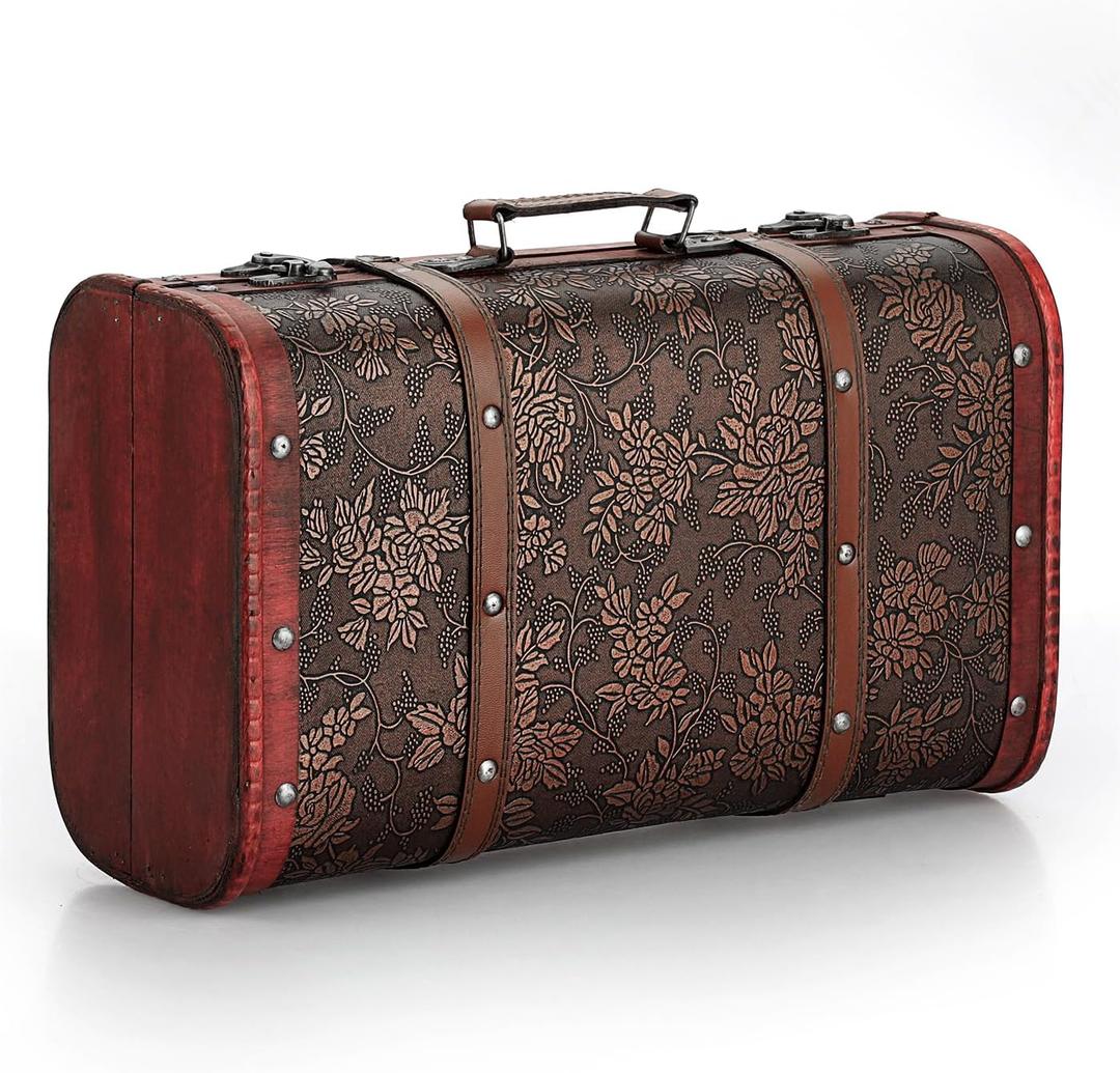 ELLDOO Vintage Wooden Storage Chest, Portable Decorative Luggage Suitcase With Grape Pattern, Pirate Treasure Keepsakes Box for Gifts, Decor and Travel