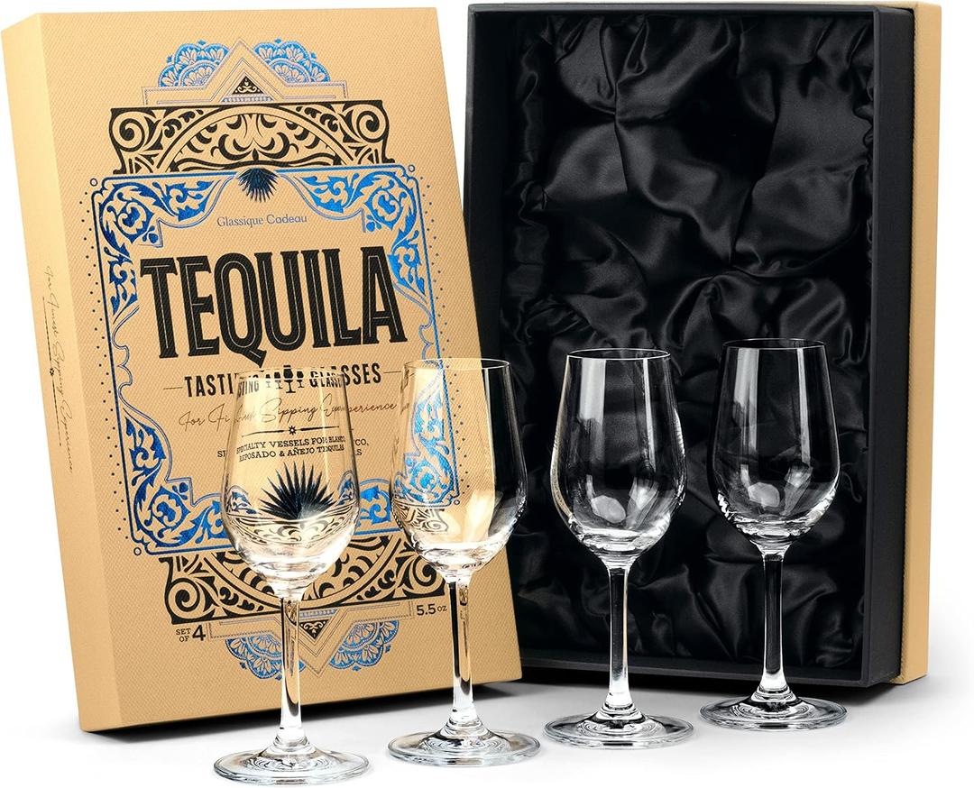 Tequila Tasting and Sipping Glasses | Tequila Glassware Collection | Set of 4 | 5.5 oz Crystal Snifter Copitas for Drinking Blanco, Reposado, Anejo Tequilas | Liquor and Spirits Sippers, 4 Count