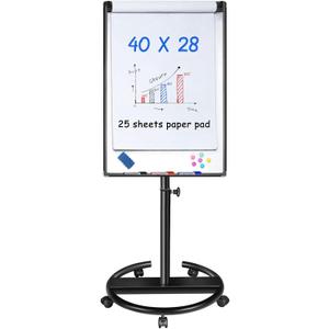Maxtek Mobile Dry Erase Board 40x28 inches Magnetic Portable Whiteboard Stand Easel White Board Flipchart Easel Board with 25 Sheets Paper Pad