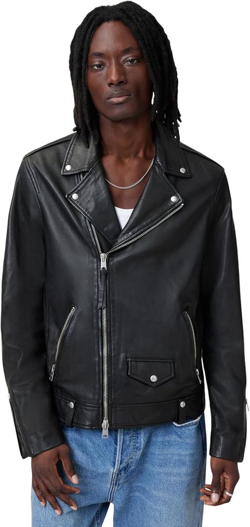 AllSaints mens Milo Leather Biker Jacket Large