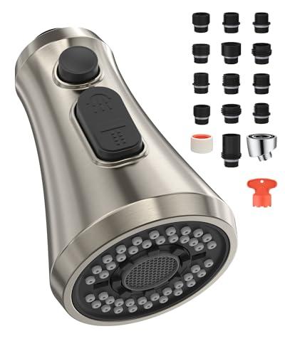 Mbillion Universal Brushed Nickel Kitchen Faucet Sprayer Head Replacement, 3 Function ABS Sink Faucet Head, Pull-Down Nozzle with 14 Adapters, Compatible with Moen,Delta,Kohler,WEWE American Standard