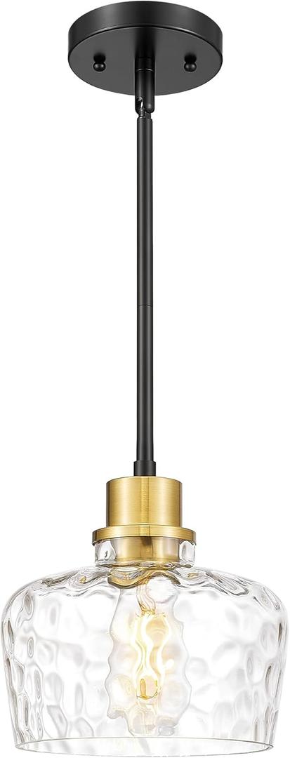 Emak Modern 8 Inch Pendant Lights Kitchen Island, Black and Gold Pendant Light Fixtures with Hammered Glass Shade, Farmhouse Island Lights for Kitchen, Dining Room, Bathroom, PL122-BKBGD-HG