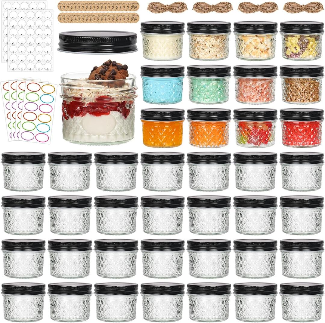 4 oz Glass Mason Jars with Black Lid, 40 Pack Regular Mouth Mini Canning Jars for Caviar, Honey, Jam, Jelly, Body Butters, Spice, DIY Candle