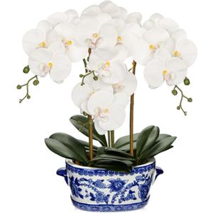 Briful Orchid Artificial Flowers in Blue and White Porcelain Pot 19.7" White Faux Silk Orchid Arrangement Large Fake Orchid Floral Centerpiece for Elegant Home Office Living Room Kitchen Table Decor