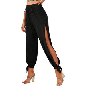 WDIRARA Women's High Waisted Slit Harem Pants Bow Tie Drawstring Cropped Trousers (Black, L)