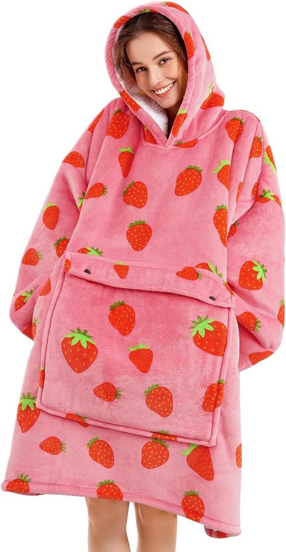 Narecte Cozy Oversized Blanket Hoodie Wearable Blanket Adults Soft Hooded Blanket Hoodie Birthday Gifts for Women Christmas (Strawberry)