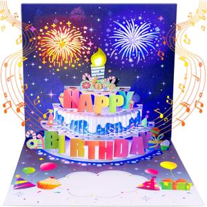 INPHER Birthday Cards Fireworks Pop Up Cake Blowable Light and Music Happy Birthday Card Gifts for Women Men Mom Kids (Blue)