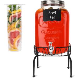 2 Gallon Glass Drink Dispensers, 1 Pack Clear Beverage Dispenser with Stand and Spigot for Parties, Drink Dispenser with Ice Core and Sticker for BBQ, Picnic, Lemonade Dispenser