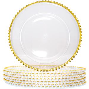 Plastic Acrylic Charger Plates 10PCS, 13" Decoration Diner, Wedding, Party, Event, (Gold Bead 10)