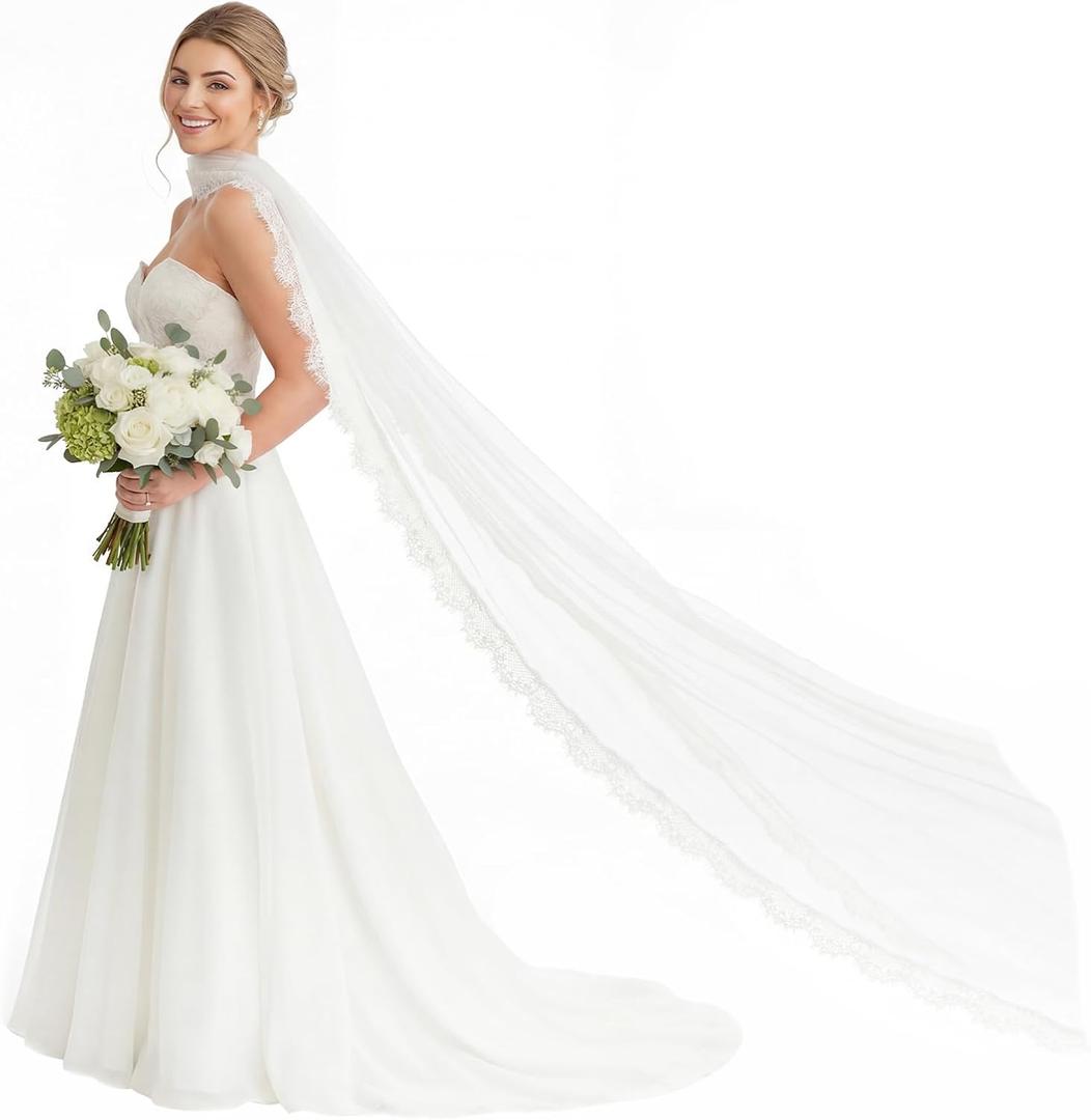 157 Inch Lace Bridal Scarf for Wedding Long Lace Trimmed Bride Neck Scarf Tulle Wrap for Ceremony Reception Bridal Portrait Evening Accessory
