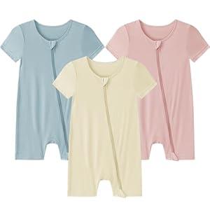 Ekkimy Baby Romper 3 Pack Bamboo Rayon Footless Short Sleeve Zipper Romper, 6-9 Monthsm, Blue Yellow, Pink