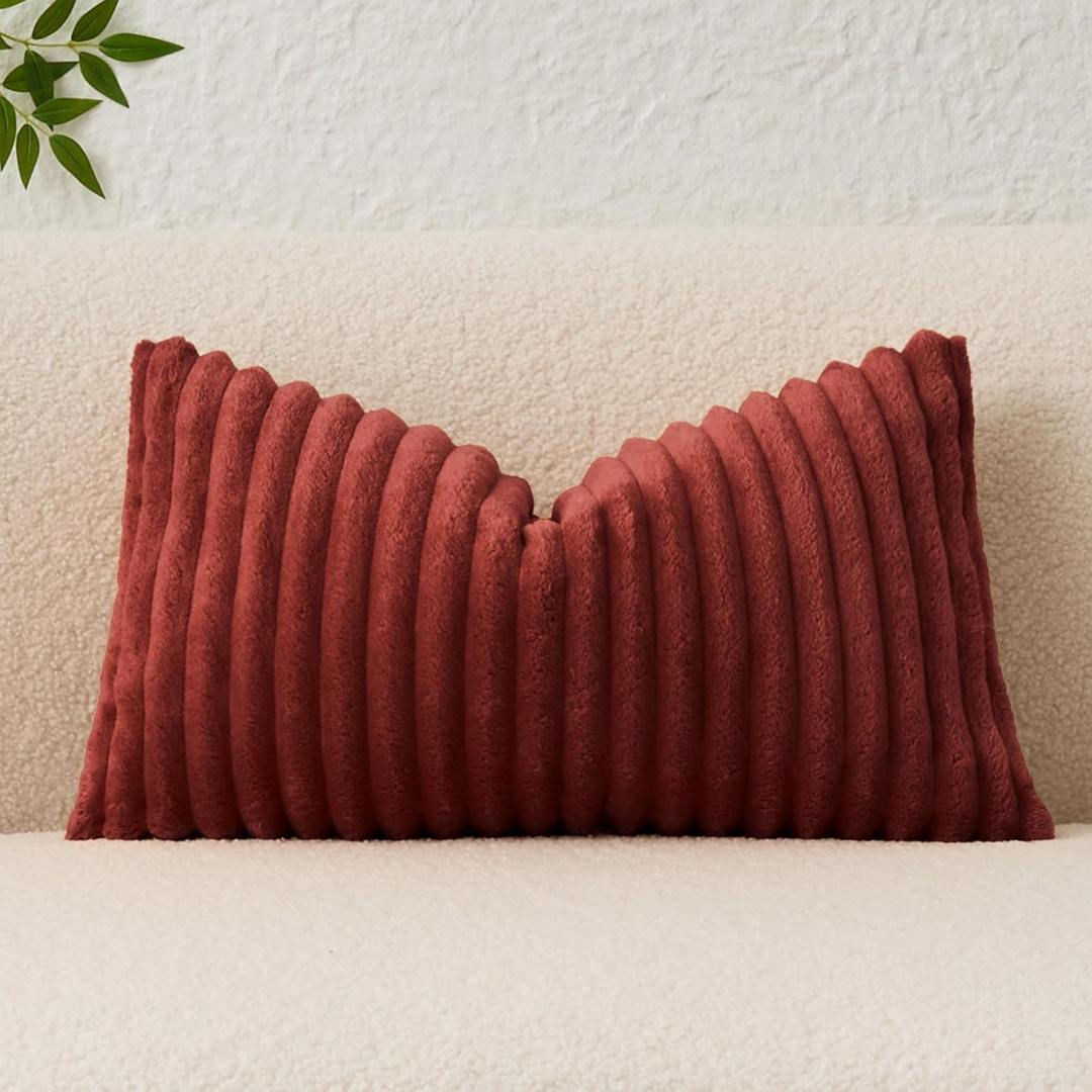 Kevin Textile Soft Plush 12x20 Inch Lumbar Pillow Cover 1 Pack, Luxury Fluffy Faux Fur Striped Flannel Rectangle Cushion Case for Couch Sofa Chair Bed Home Decor, Burnt Brick
