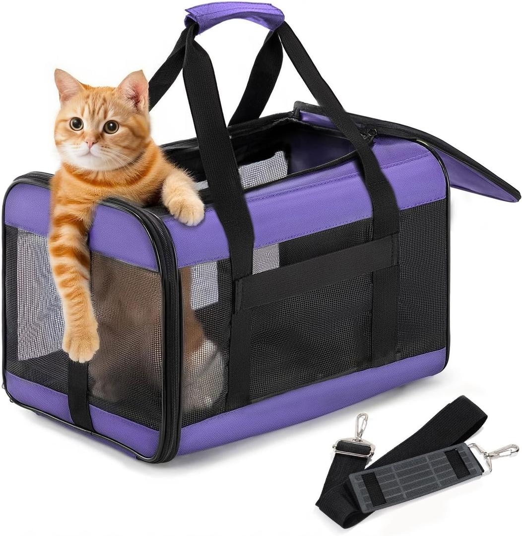 Conlun Cat Carrier Airline Approved, Soft-Sided Dog Carrier with Inner Safety Leash, Pet Transport Carrier for Small-Medium Cats Puppies up to 15 Lbs, Collapsible Travel Kitten Carrier Bag -Purple M (17.0"L x 11.0"W x 11.0"H)