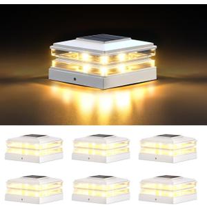 4x4 Solar Post Cap Lights Outdoor Waterproof 6 Pack Fence Deck Post Lights with High-Brightness LEDs, Dual Light Modes Warm White & Cool White. (Classic White, 6)