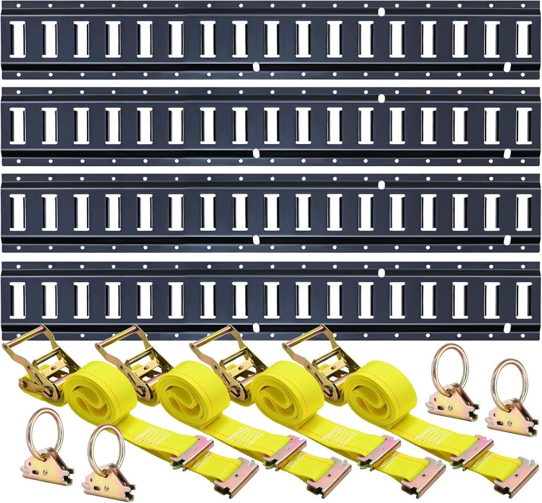 Trekassy E Track Rails Tie-Down Kit -12 Pieces: 4 Pack 5ft Etrack Rails, 4 E-Track Straps and 4 O-Rings for Trucks, Vans, Garages, Trailers Tie Down System
