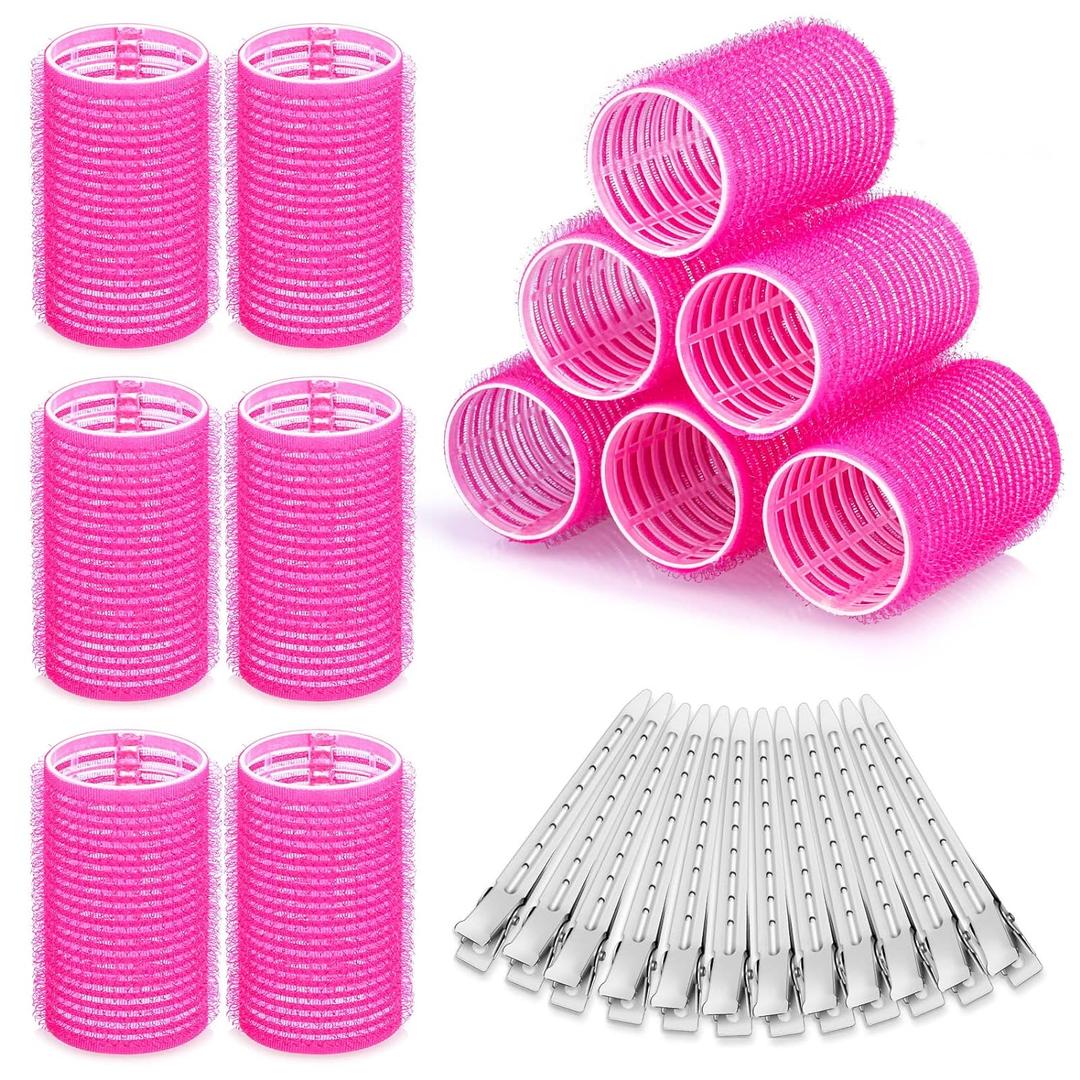 Hair Curlers Rollers, 12Pcs Hair Rollers Hair Curlers Self Grip Holding Rollers with 12 Pcs Hair Clips for Long Medium Short Thick Fine Thin Hair Bangs Volume (1 Count (Pack of 24), Pink)
