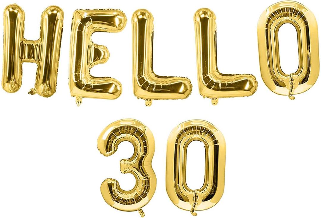 HOUSE OF PARTY Hello 30 Letter Foil Balloons Gold Happy 30th Birthday Decorations for Women (Gold)