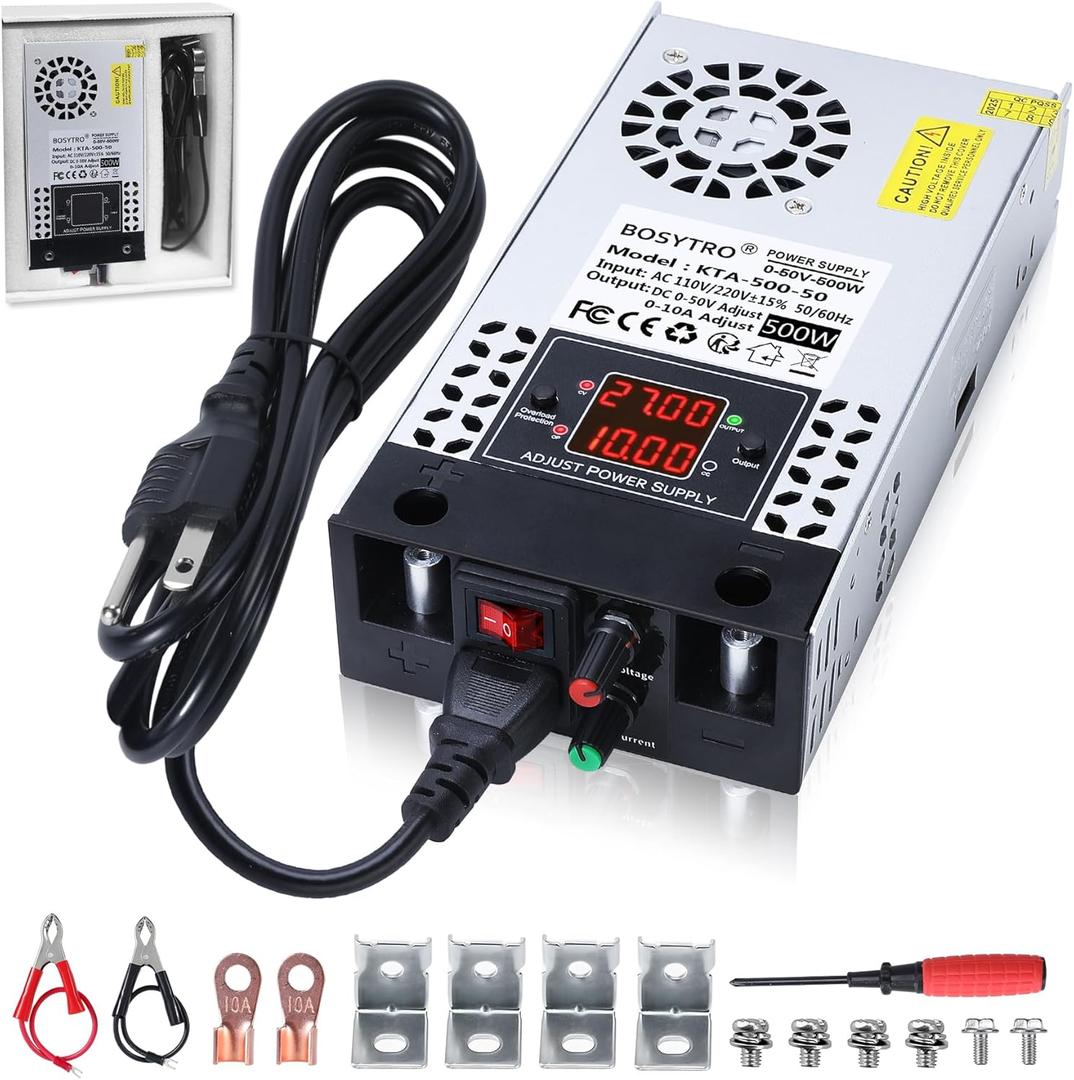 Upgraded AC to DC Converter 5V 12V 24V 30V 48 50v DC Power Supply Adjustable 0-50V 0-10A 500W Switching Power Supply for Led Strip, Motor Pump, CCTV, 3D Printer, Lab Computer