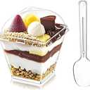 50Pack 7oz Plastic Dessert Cups with Lids and Spoons, Clear Mini Square Parfait Yogurt Cups, Appetizer Pudding Shooter Fruit Trifle Ice Cream Mousse Cup for Party (7 oz)