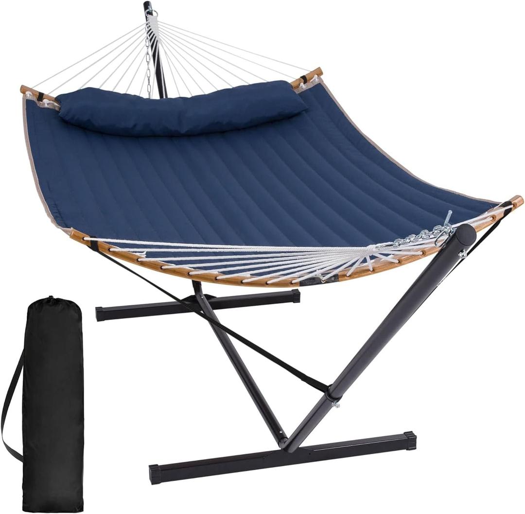 Portable Outdoor Hammock with Stand, Heavy Duty Hammock with Carrying Bag, Soft Pillow, Balance Ropes, Dark Blue