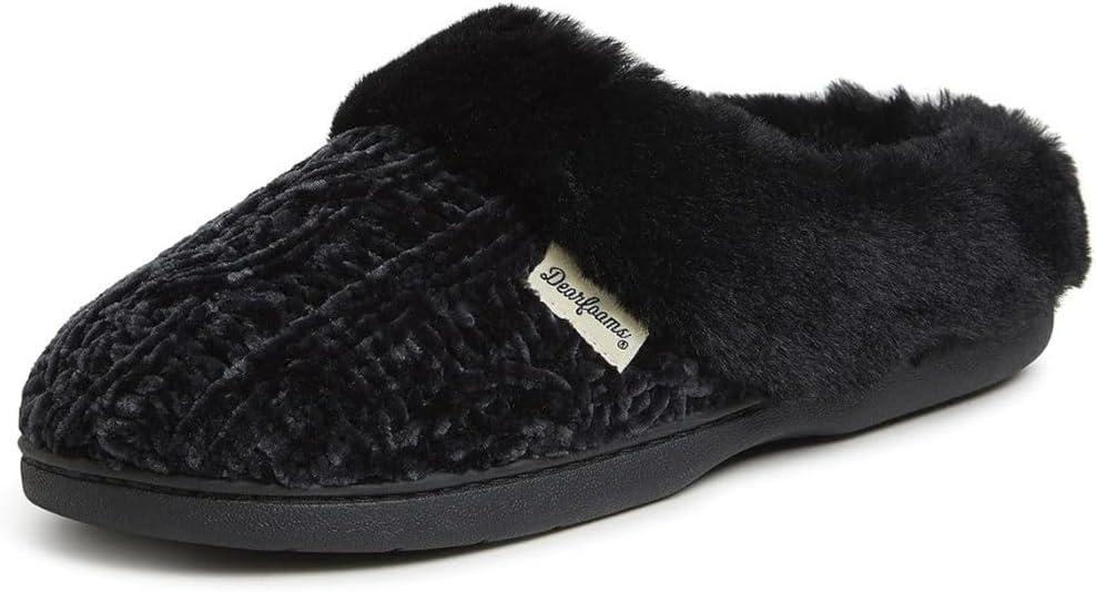 Dearfoams Women's Fuzzy Memory Foam Cable Knit Claire Clog House Slipper with Wide Widths (11-12, Black)