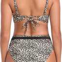 RELLECIGA Women's V Neck Bikini Set Mesh High Waisted Tummy Control Bathing Suit 2 Piece Swimsuit (L)