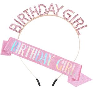 PQRUU Glitter Birthday Sash, Tiara and Rhinestone Headband Set - Pink Birthday Accessories for Her