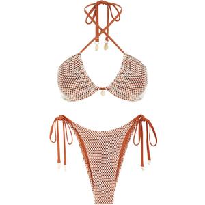 ZAFUL Women's Bikini Set Fishnet Triangle Tie Convertible Collar Halter Bandeau Shell Two Piece Bathing Suit (Large, Brown)