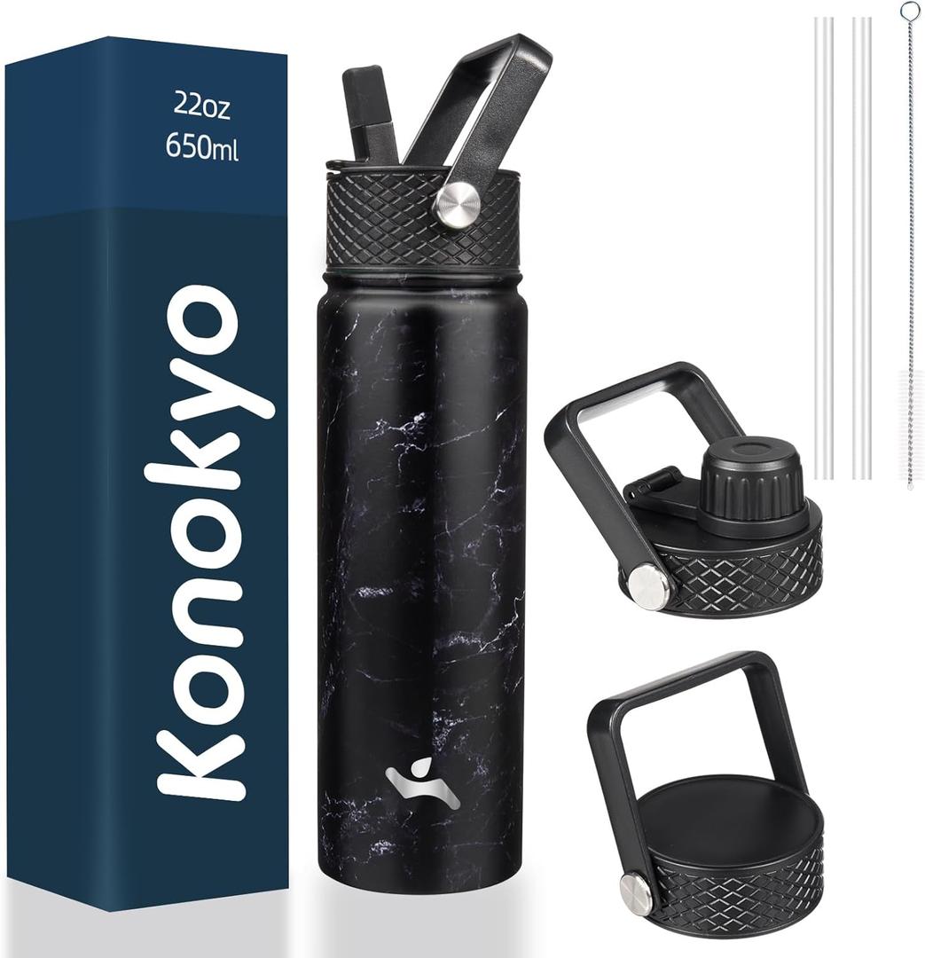 22oz Stainless Steel Bottles with 3 Lids Sport Insulated Water Bottle,Marble Midnight