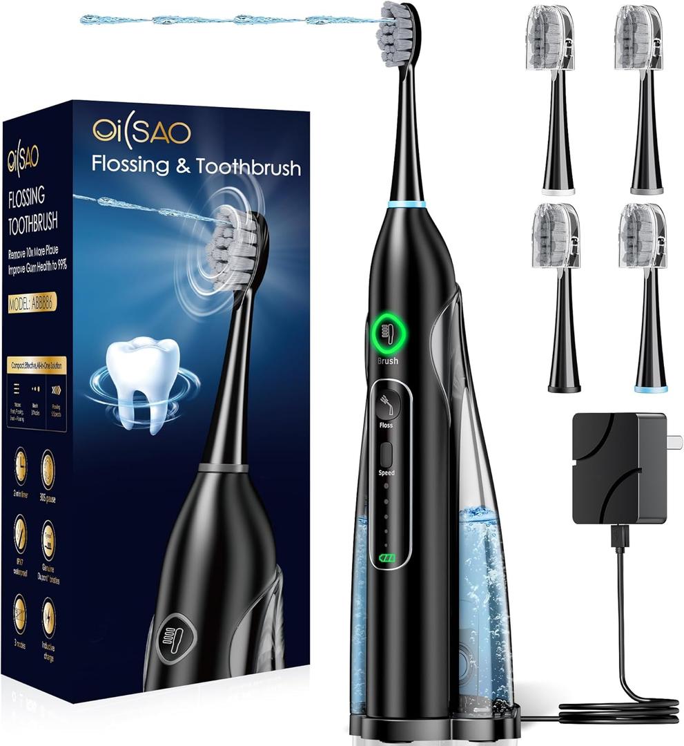 Electric Toothbrush with Water Flosser 3 in 1, Sonic Flossing Toothbrush with 3 Modes & 5 Speeds, 4 Brush Heads, Portable for Travel, for Adults Teeth Cleaning and Plaque Removal,Black