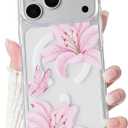 NITITOP Compatible for iPhone 17 Pro Case Clear Magnetic Compatible with MagSafe Cute Lily Flowers Floral for Women Girls Hard PC Back Shockproof Protective Phone Cover - Pink