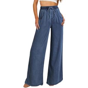 Sidefeel Women's Drawstring Wide Leg Jeans High Waisted Loose Fit Denim Pants (14 Tall, Blue)