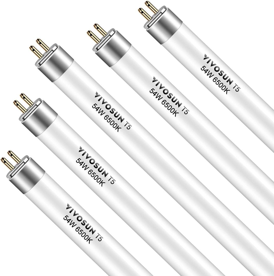 VIVOSUN T5 Grow Light Bulbs 4 Ft 46 Inches, 54W 6500K HO Fluorescent Tubes Light Bulbs, Cool White T5 Bulb for 46 Inches T5 Light Fixtures, T5 Grow Lights for Indoor Plants, 4 Ft 54W Pack of 5