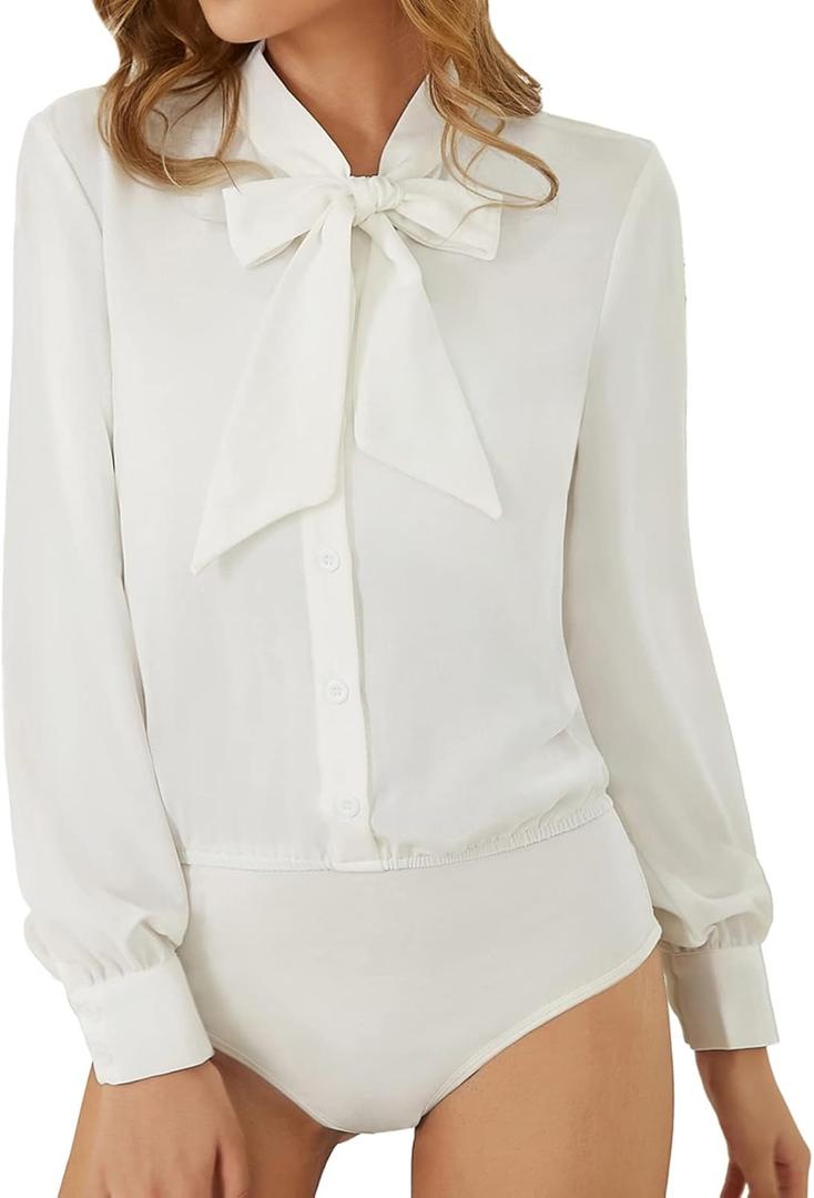 Kate Kasin Women Bow Tie Neck Office Blouse Button Down Long Sleeve Bodysuits Blouse Top (Medium, White)
