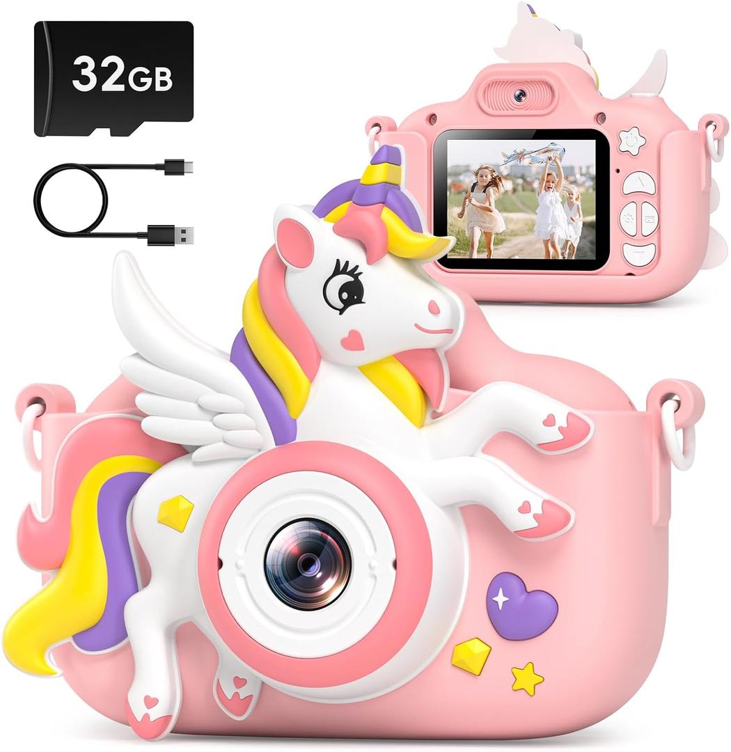 Kids Camera Toys Digital Camera for Girls Boys, Christmas Birthday Gifts for Kids Age 3-12, Selfie 1080P HD Video Digital Camera for 3 4 5 6 7 8 9 10 Year Old Girls with 32GB TF Card (Pink-Unican)