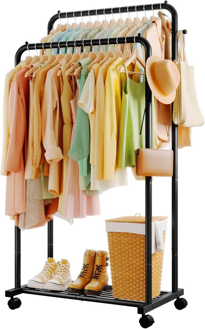 Clothes Rack - Double Rods Clothing Rack with Mesh Shelf, Hooks & Wheels, Metal Clothing Racks for Hanging Clothes & Bags, Multifunctional Garment Rack for Laundry, Black, 28.7" x 16.5" x 59.1" (28.7"W x 16.5"D x 59.1"H)