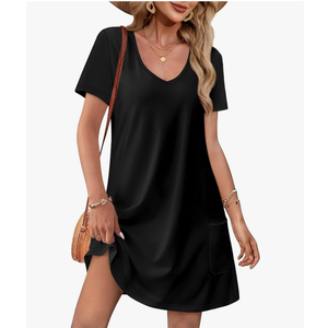 OFEEFAN Summer Dresses for Women 2025 Loose V Neck Short Sleeve Casual T Shirt Dress Sundresses Swimsuit Coverup with Pockets L