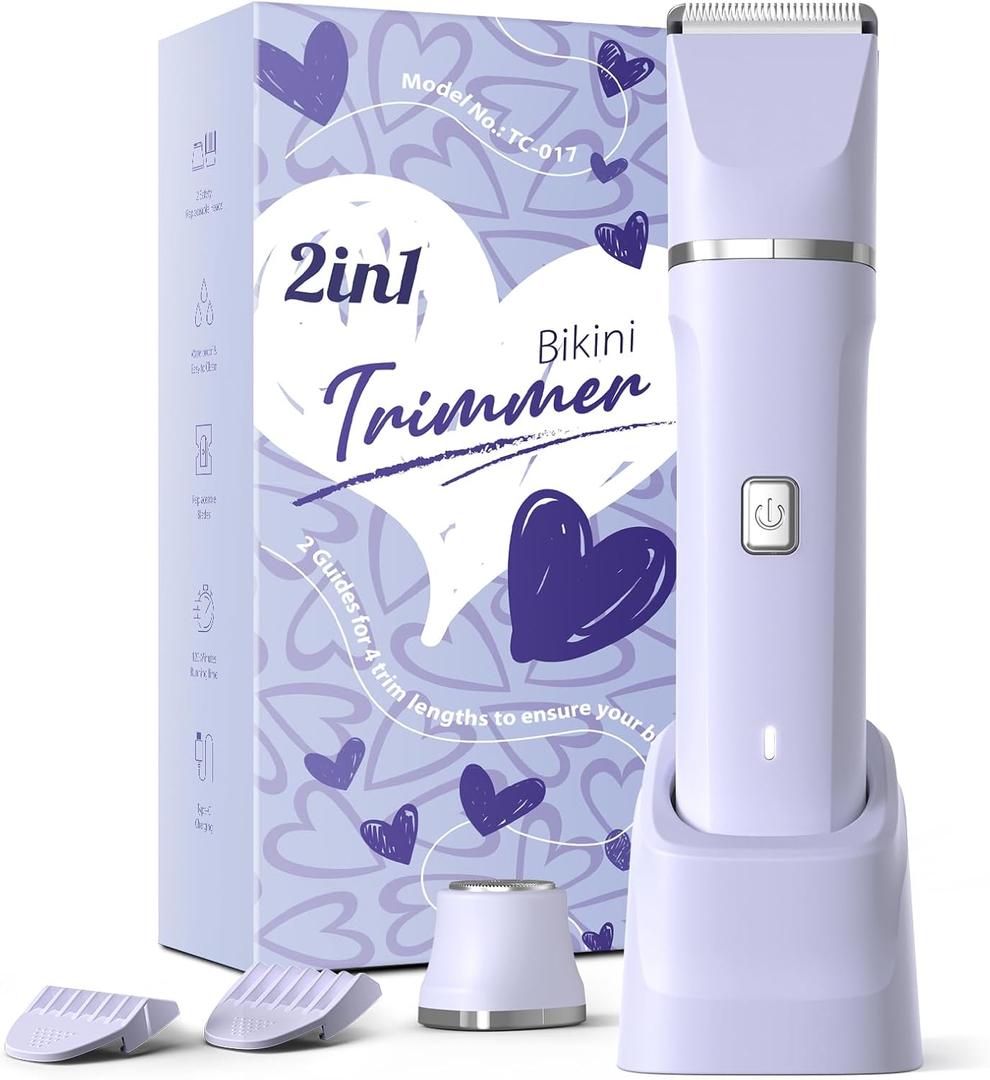 Bikini Trimmer for Women, 2-in-1 Electric Shaver, IPX7 Waterproof, Gentle for Bikini Line & Sensitive Areas, Cordless Rechargeable for Legs Underarms Face, Purple Gift for Women, Teen Girl Gift