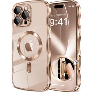 GVIEWIN for iPhone 16 Pro Max Case Compatible with MagSafe, Upgraded [Full Camera Protection][Cute Wave Frame][Military Grade Protection] Electroplated Soft Phone Cover for Women Girl, Clear/Rose Gold