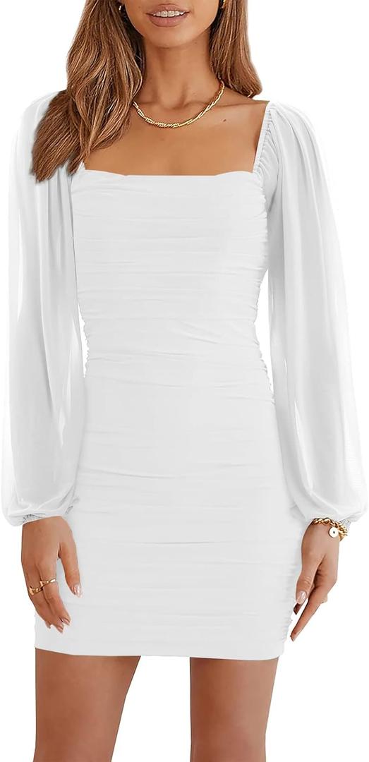Wenrine Women's Mesh Long Sleeve Square Neck Ruched Party Club Cocktail Bodycon Mini Dress (Medium, White)