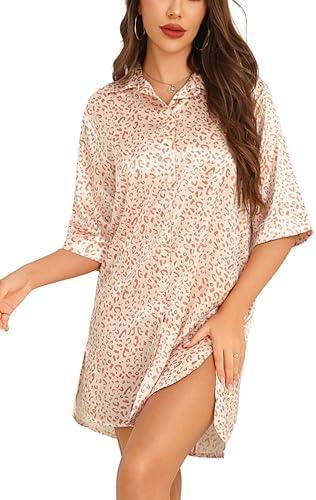 Anjue Satin Nightgown For Women 3/4 Sleeve Silk Nightshirt Button Down Pajamas Dress Boyfriend Sleepshirt Size S