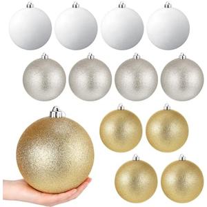Poen 12 Pcs 6 Inch Large Christmas Ball Ornaments Glitter Extra Large Christmas Ornaments Giant Xmas Balls Tree Decorations with Hanging Loop for Xmas Holiday Party Decor (Champagne Gold Silver White)