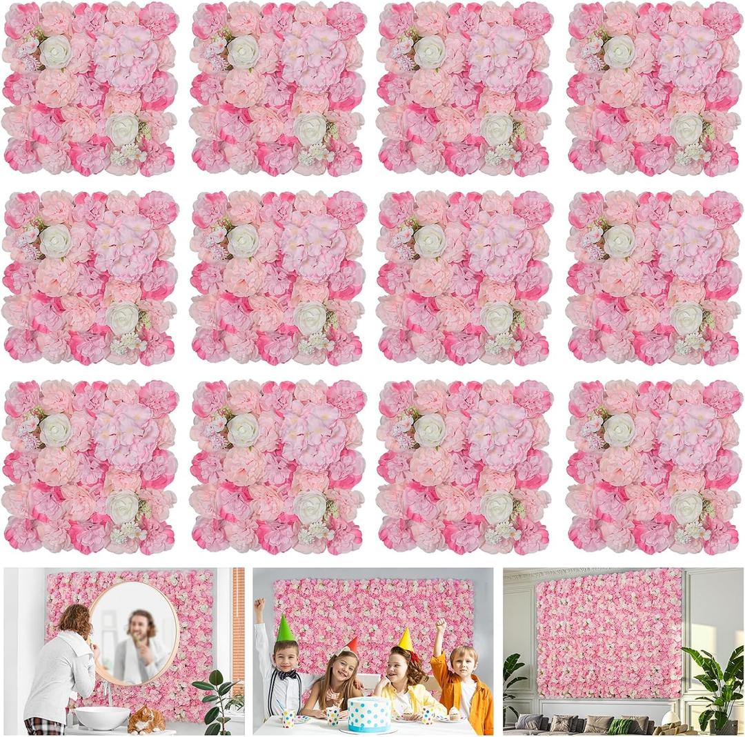 Flower Wall Backdrop 12 Piece of 16.5x16.5 Inch Floral Wall Panel Artificial Silk Rose Wall Decor Ideal for Wedding Celebrations, Festive Party Backdrops, and Home Decor-Pink