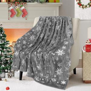 Likiyol Christmas Blanket - Silver Snowflake Throw, Soft Warm Flannel for Couch, Bed, Sofa, 50 x 60 Inch, Grey