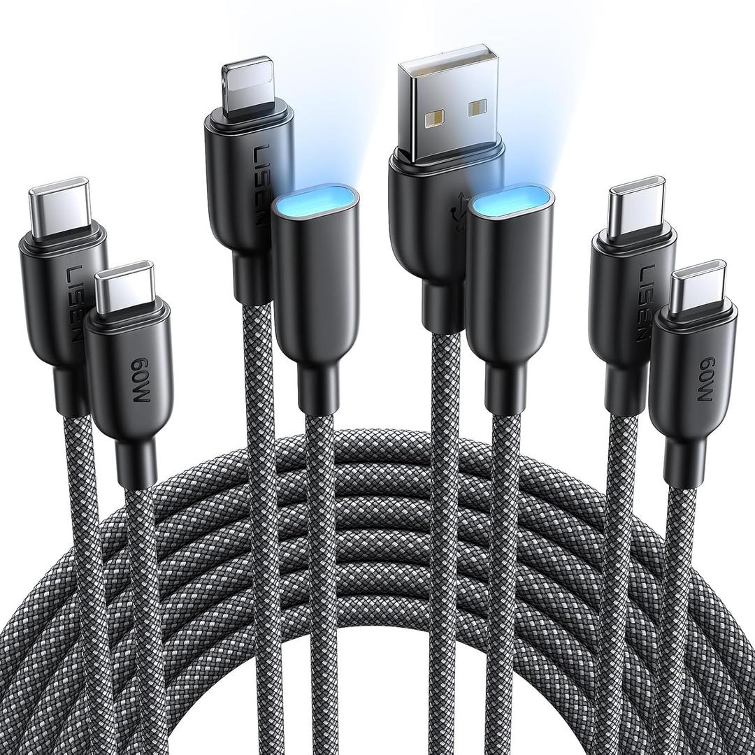 LISEN USB C to USB C Cable [6.6FT+6.6FT] with USB-A and Lightning Adapter [1.3FT+1.3FT] 60W USBC to USBC Cord for iPhone 16 15 Pro Max Plus, Samsung Galaxy S25 S24 S23, MacBook/iPad, Pixel