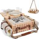 Multifunctional Wicker Picnic Basket Set for 4 with Blanket and Picnic Table, Insulated Picnic Set with Full Tablewares for Camping Outdoor Couples, Natural