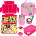 Pink Lunch Box for Girls with 10oz Thermo, with 6 Compartment Bento Box, Nylon Insulated Lunch Bag Adjustable Strap for Girl Kids Teens School Travel Picnic