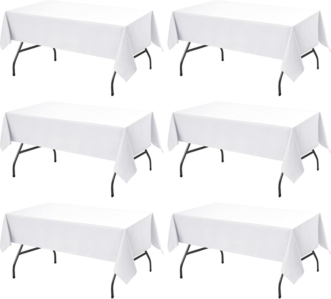 6-Pack White Tablecloths for Rectangle Tables, 60 x 102 Inches, Stain-Resistant Polyester Fabric for 6 Foot Tables - Washable Table Covers for Weddings, Banquets, Birthday, Parties, Events